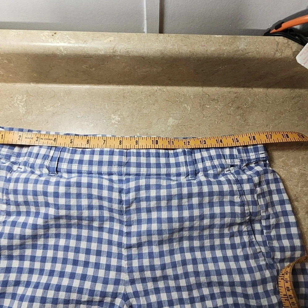 J Jill Linen Stretch Pants Women L Blue Gingham Check‎ Crop Cottagecore Picnic